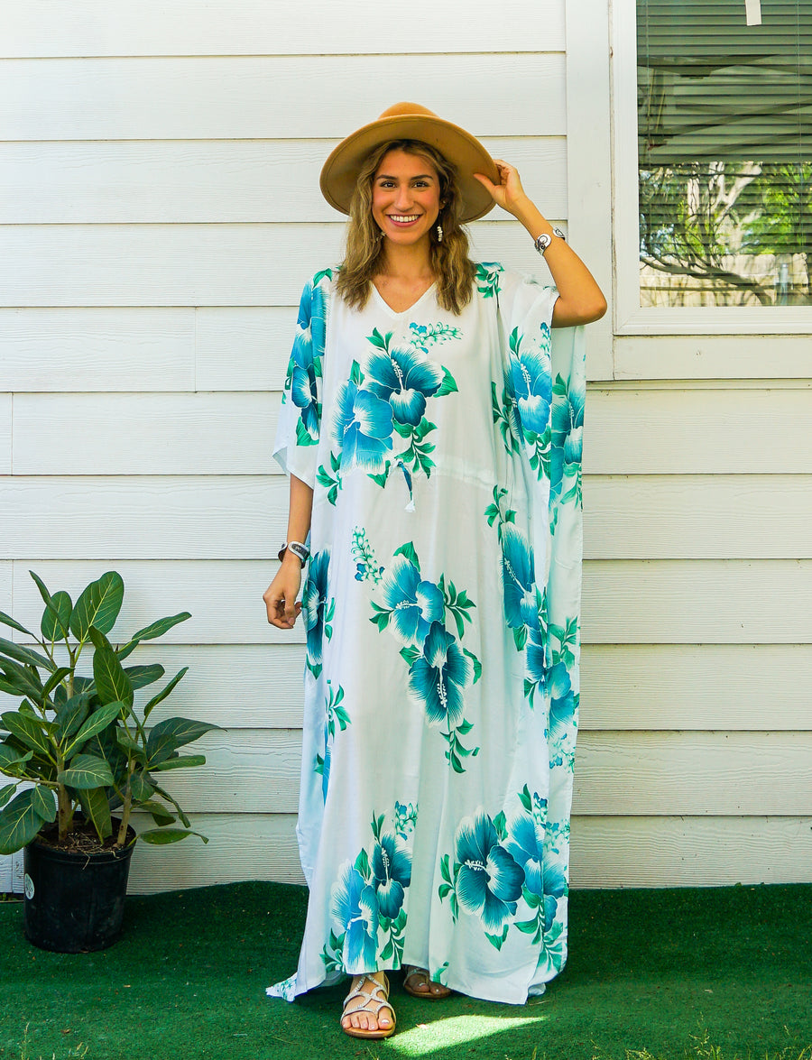 Teal and White Hibiscus Kaftan