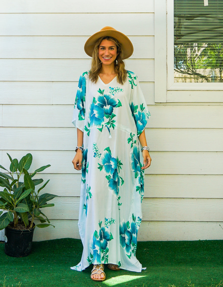 Teal and White Hibiscus Kaftan