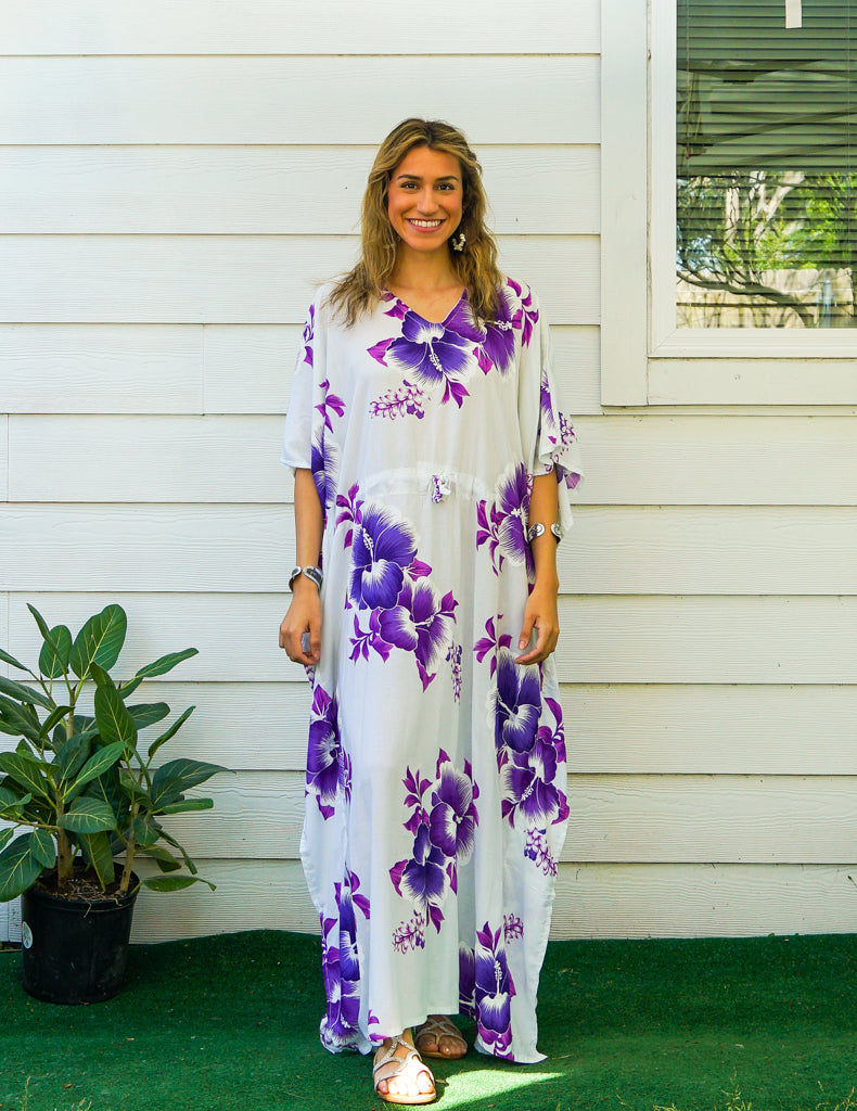 Purple White Hibiscus Kaftan