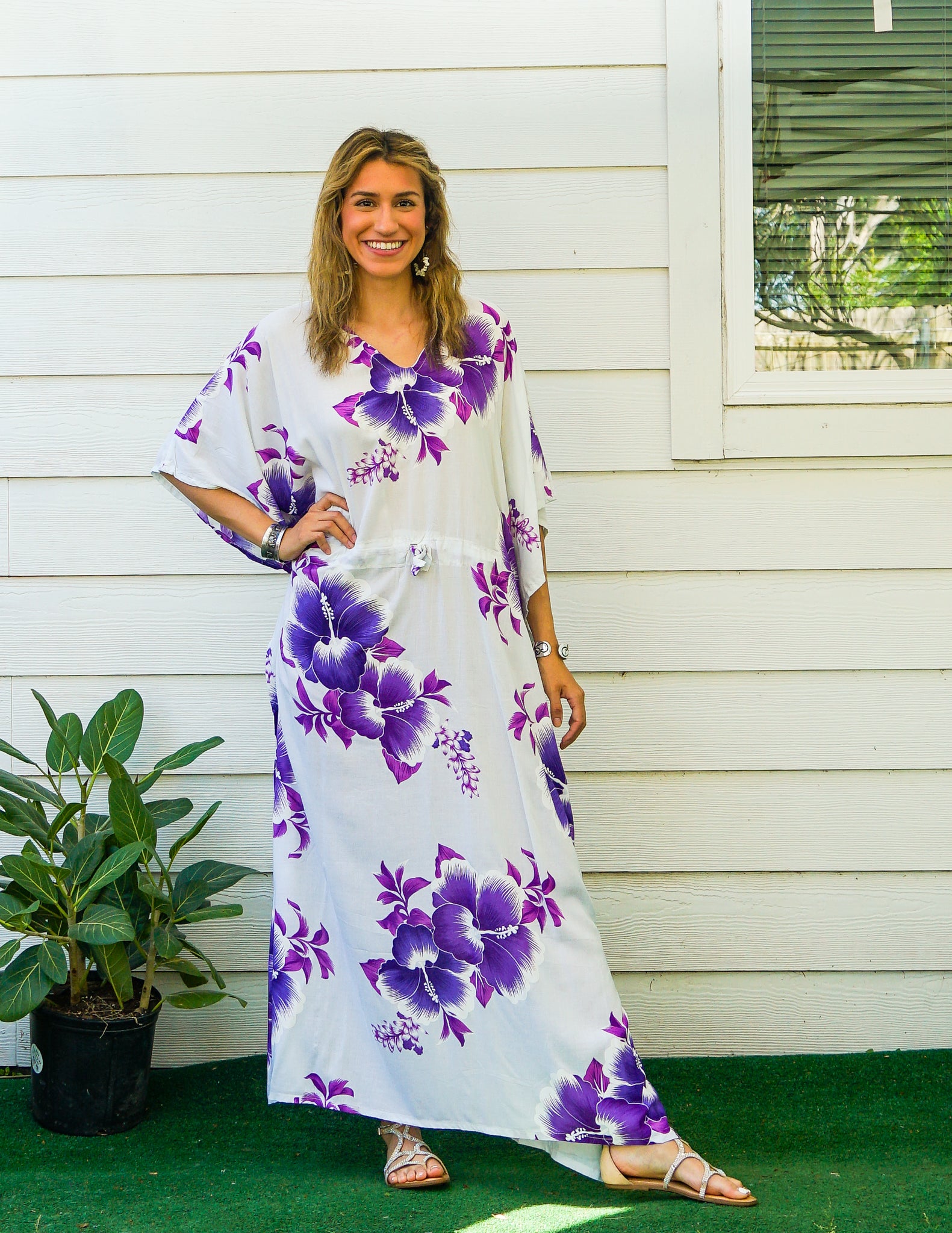 Purple White Hibiscus Kaftan