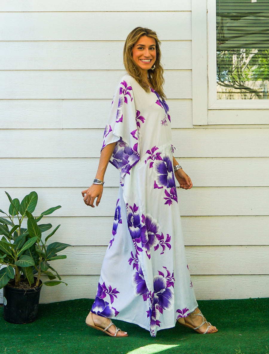 Purple White Hibiscus Kaftan