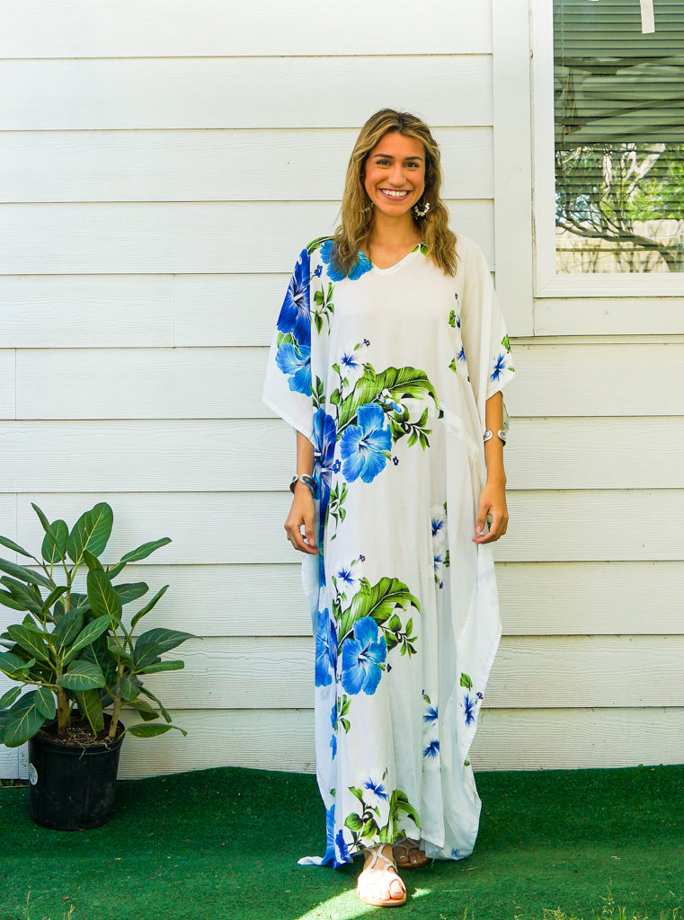 Blue White Hibiscus Kaftan