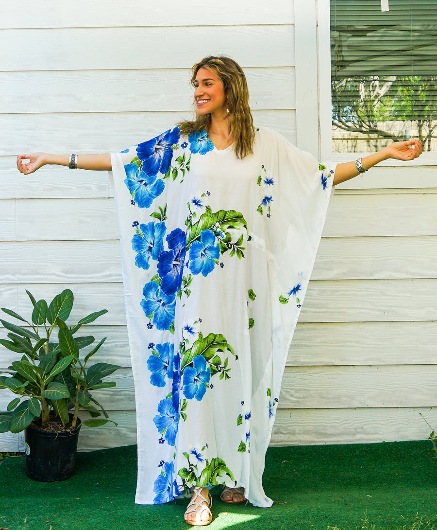 Blue White Hibiscus Kaftan