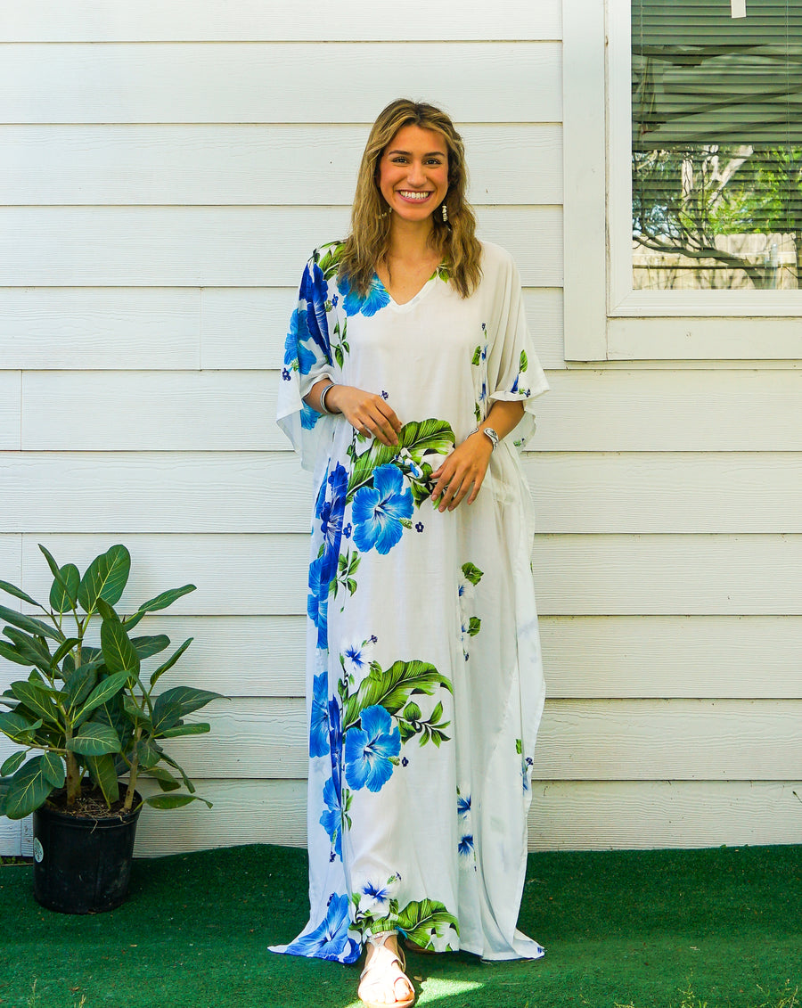 Blue White Hibiscus Kaftan