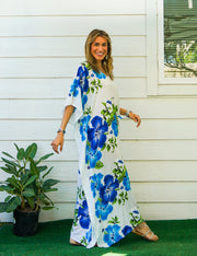 Blue White Hibiscus Kaftan