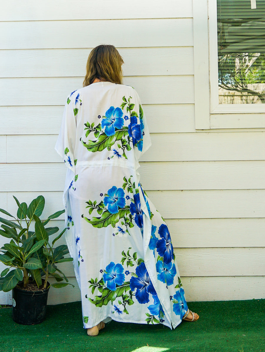 Blue White Hibiscus Kaftan