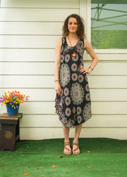 Black Mandala Paisley Boho Midi Dress