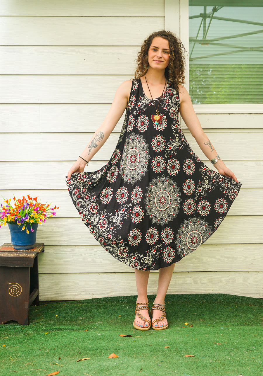 Black Mandala Paisley Boho Midi Dress