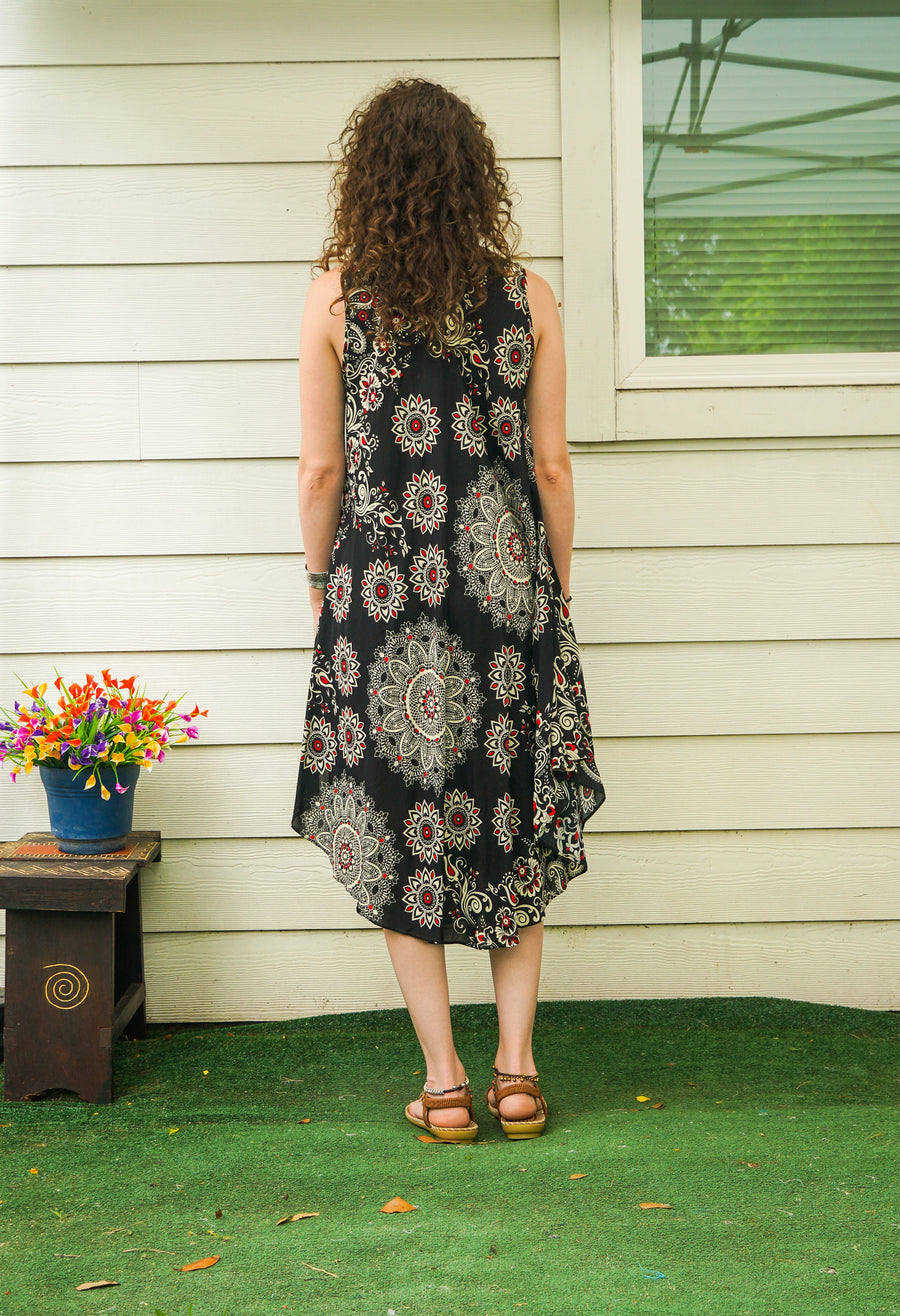 Black Mandala Paisley Boho Midi Dress