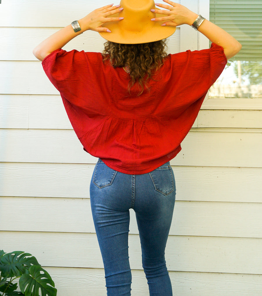 Burgundy Raw Natural Cotton Gauze Blouse