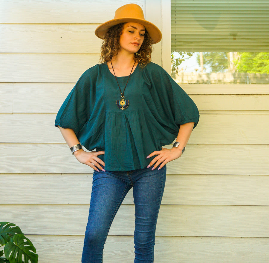 Teal Raw Natural Cotton Gauze Blouse