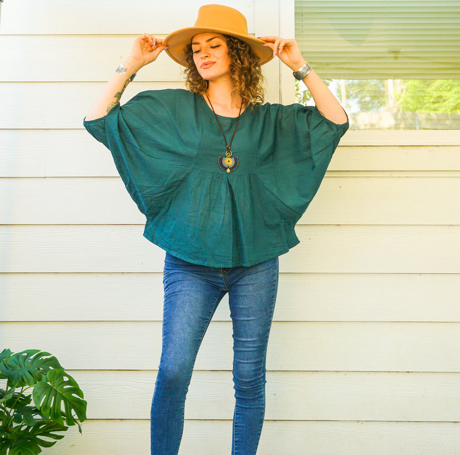 Teal Raw Natural Cotton Gauze Blouse