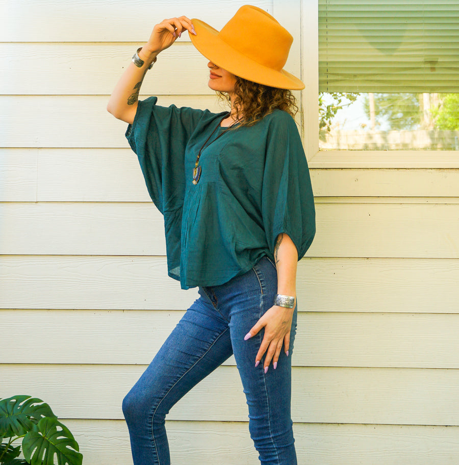 Teal Raw Natural Cotton Gauze Blouse