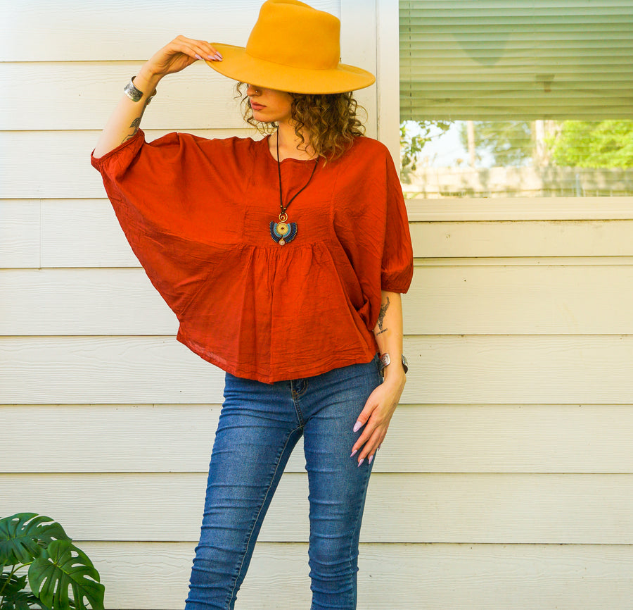 Rust Orange Raw Natural Cotton Gauze Blouse