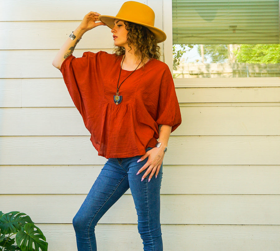 Rust Orange Raw Natural Cotton Gauze Blouse