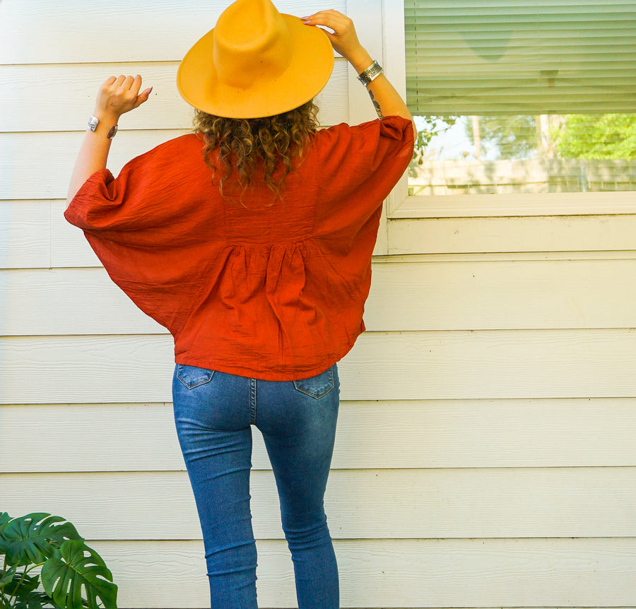 Rust Orange Raw Natural Cotton Gauze Blouse