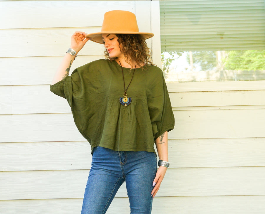 Olive Green Raw Natural Cotton Gauze Blouse