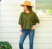 Olive Green Raw Natural Cotton Gauze Blouse