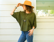 Olive Green Raw Natural Cotton Gauze Blouse