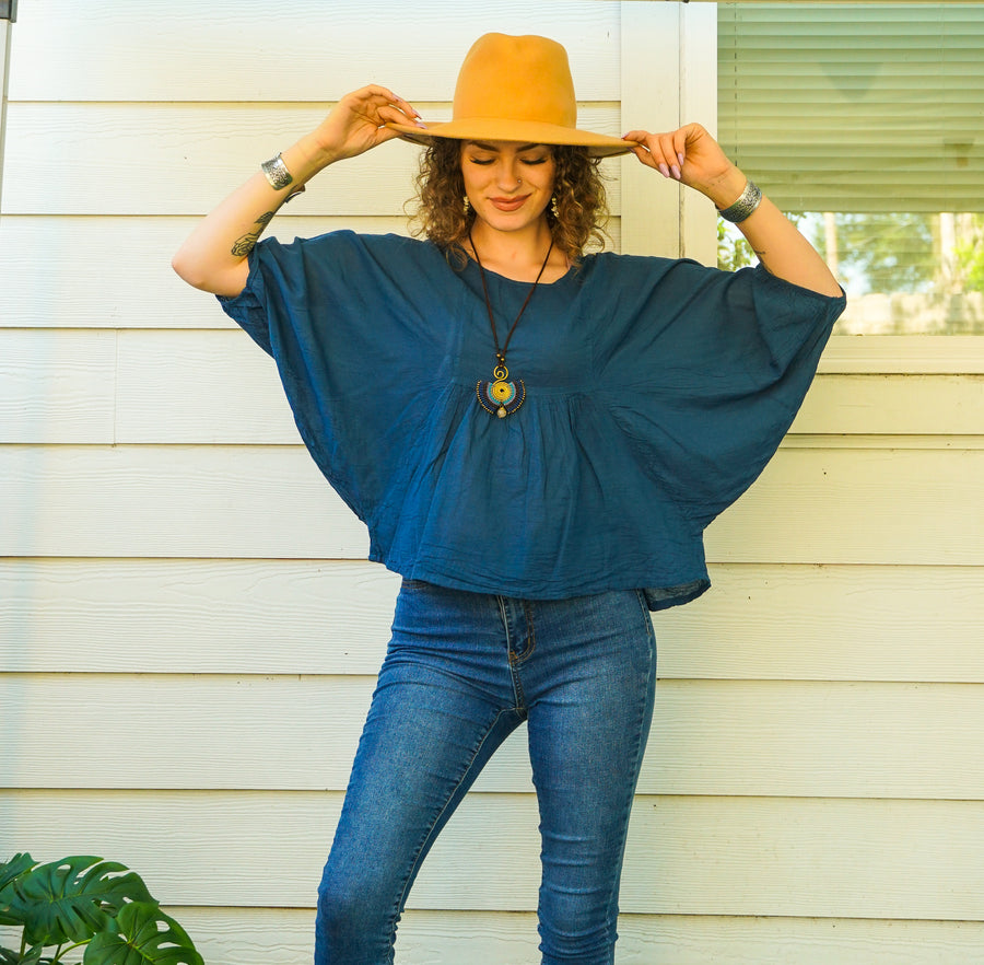 Teal Blue Raw Natural Cotton Gauze Blouse