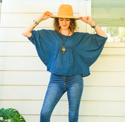 Teal Blue Raw Natural Cotton Gauze Blouse