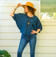 Teal Blue Raw Natural Cotton Gauze Blouse