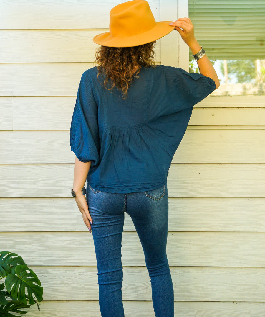 Teal Blue Raw Natural Cotton Gauze Blouse