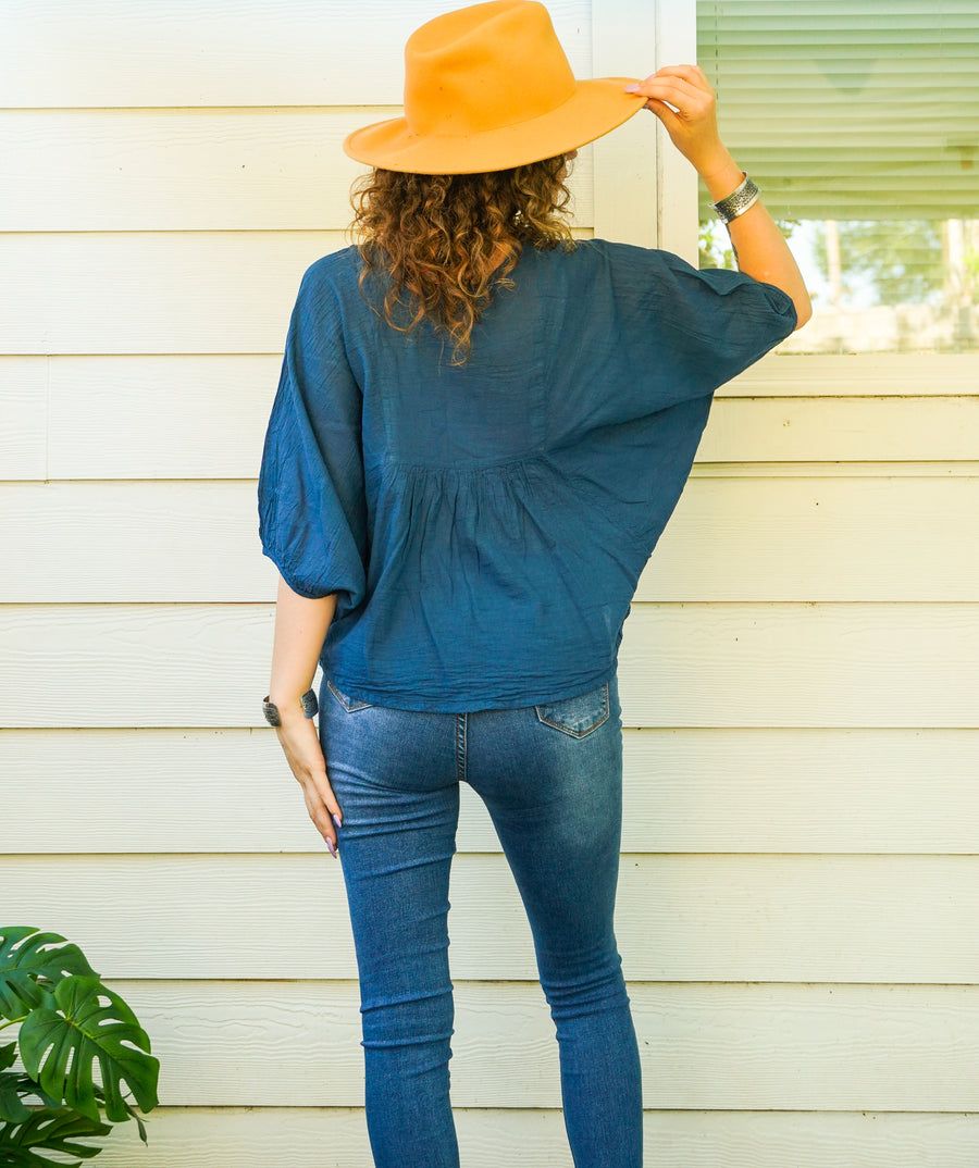 Teal Blue Raw Natural Cotton Gauze Blouse