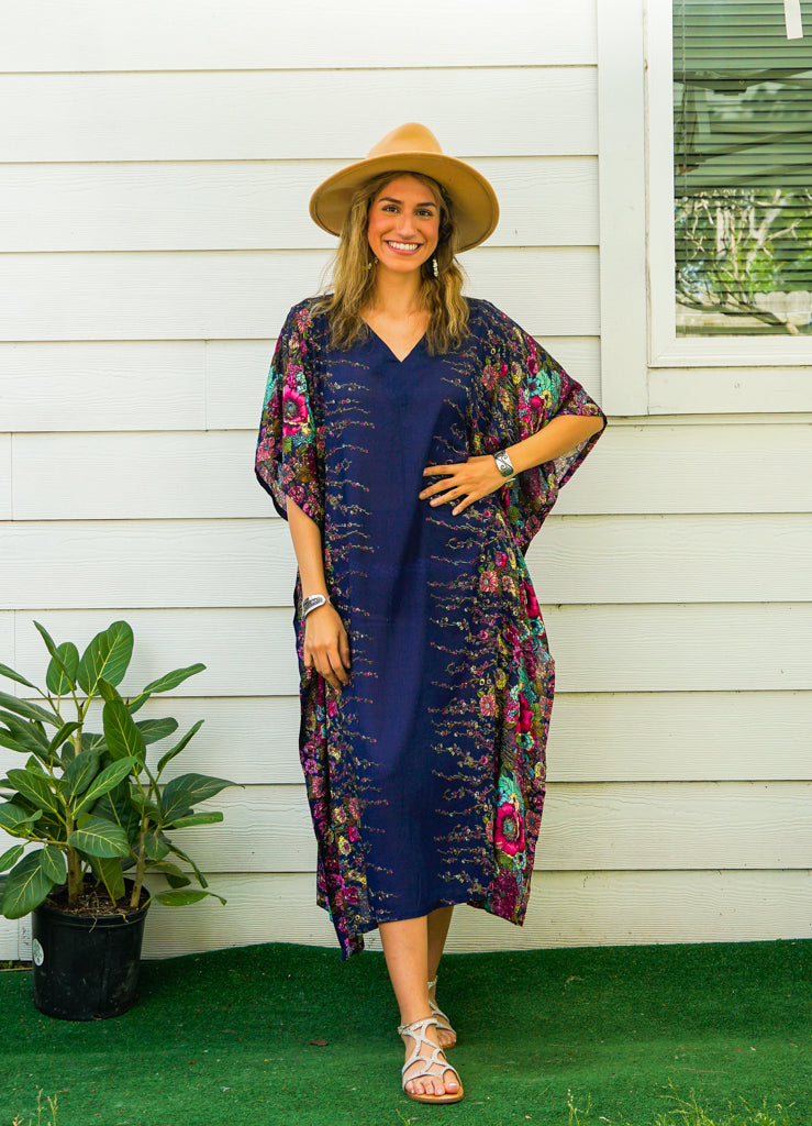 Navy Blue Floral Kimono Kaftan Dress