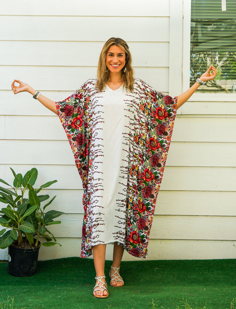 White Floral Blossom Kimono Kaftan Dress