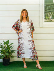 White Floral Blossom Kimono Kaftan Dress