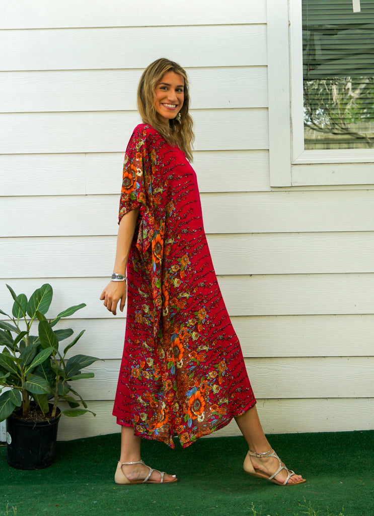 Red Floral Boho Kaftan