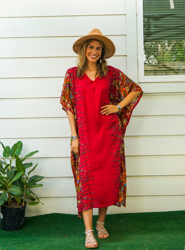 Red Floral Boho Kaftan