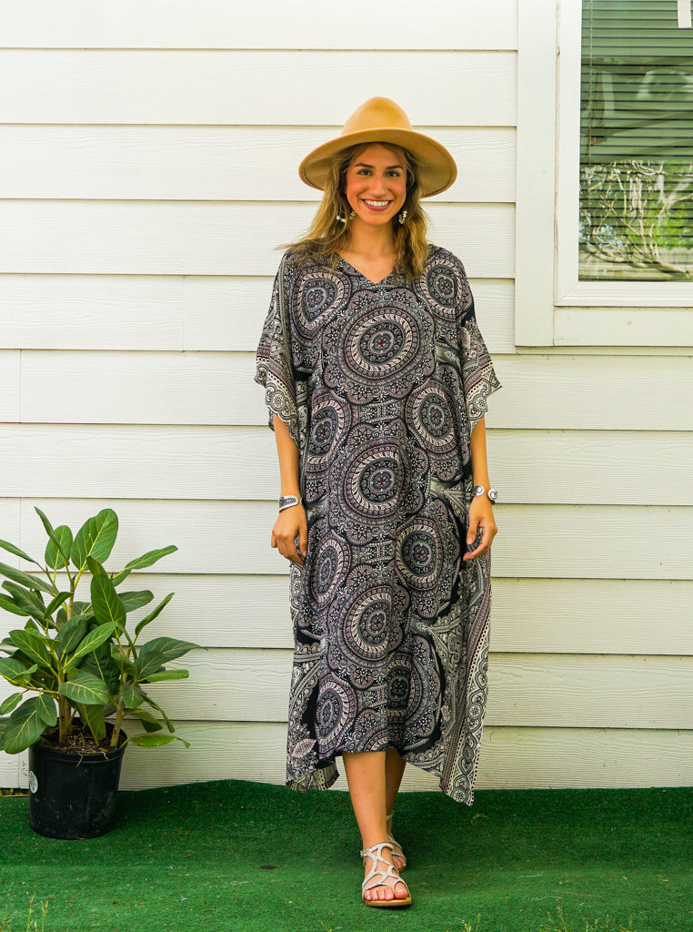 Monochrome Mandala Kimono Kaftan Dress