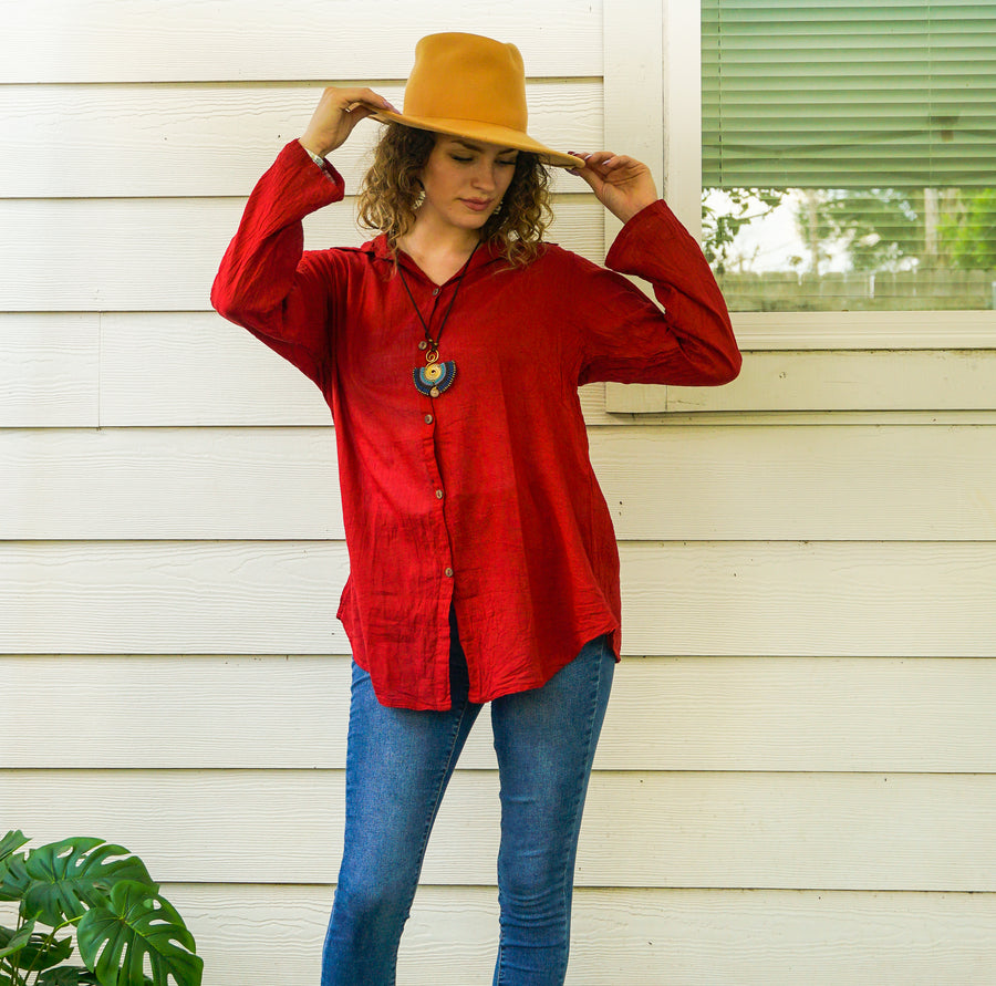 Burgundy Raw Cotton Gauze Collared Long Sleeve Blouse