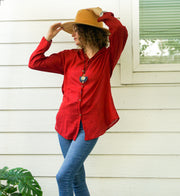 Burgundy Raw Cotton Gauze Collared Long Sleeve Blouse