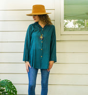 Teal Raw Cotton Gauze Collared Long Sleeve Blouse