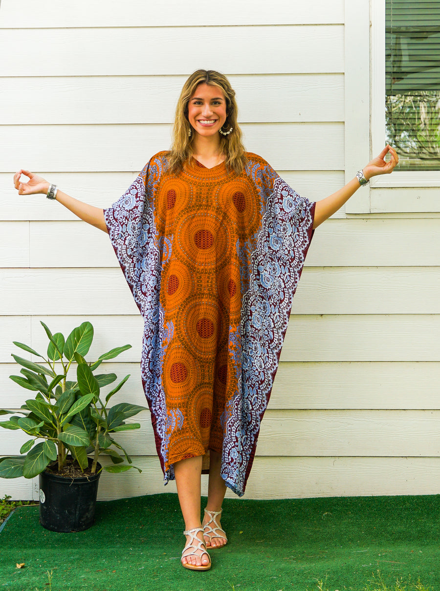 Rustic Harmony Mandala Kimono Kaftan Dress