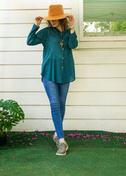 Teal Raw Cotton Gauze Collared Long Sleeve Blouse