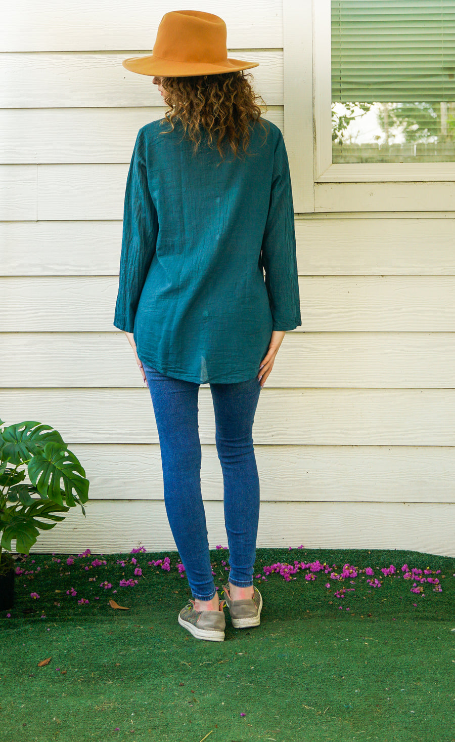 Teal Raw Cotton Gauze Collared Long Sleeve Blouse