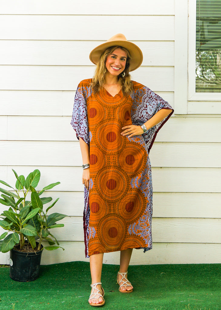 Rustic Harmony Mandala Kimono Kaftan Dress