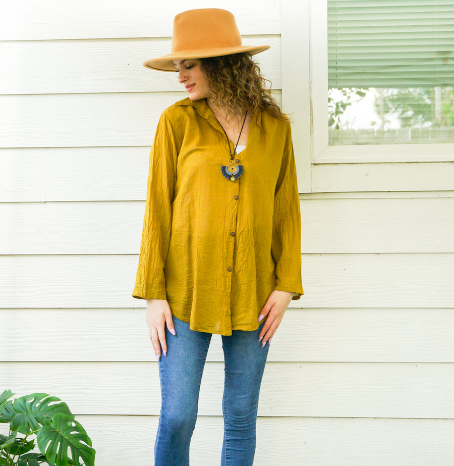 Mustard Yellow Raw Cotton Gauze Collared Long Sleeve Blouse