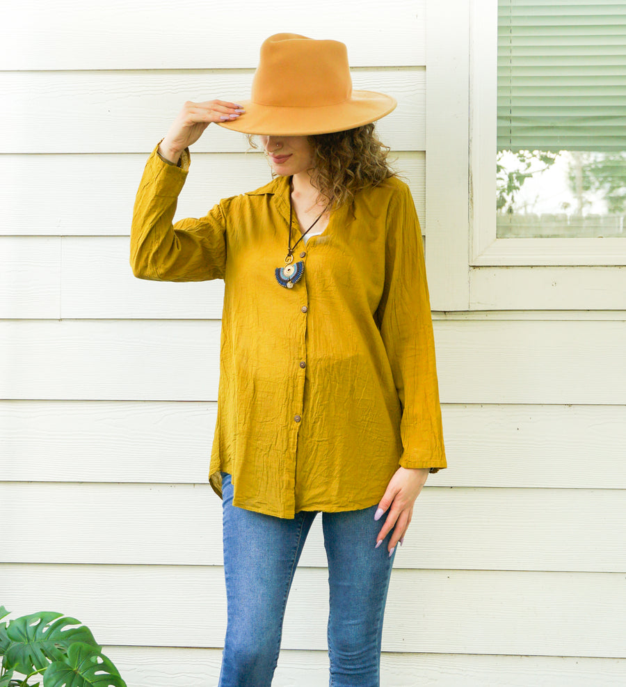 Mustard Yellow Raw Cotton Gauze Collared Long Sleeve Blouse