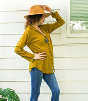 Mustard Yellow Raw Cotton Gauze Collared Long Sleeve Blouse