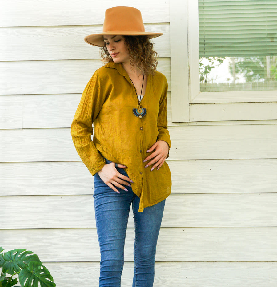 Mustard Yellow Raw Cotton Gauze Collared Long Sleeve Blouse