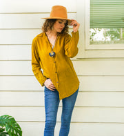 Mustard Yellow Raw Cotton Gauze Collared Long Sleeve Blouse