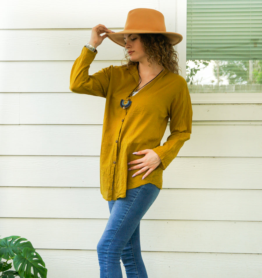 Mustard Yellow Raw Cotton Gauze Collared Long Sleeve Blouse