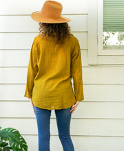 Mustard Yellow Raw Cotton Gauze Collared Long Sleeve Blouse