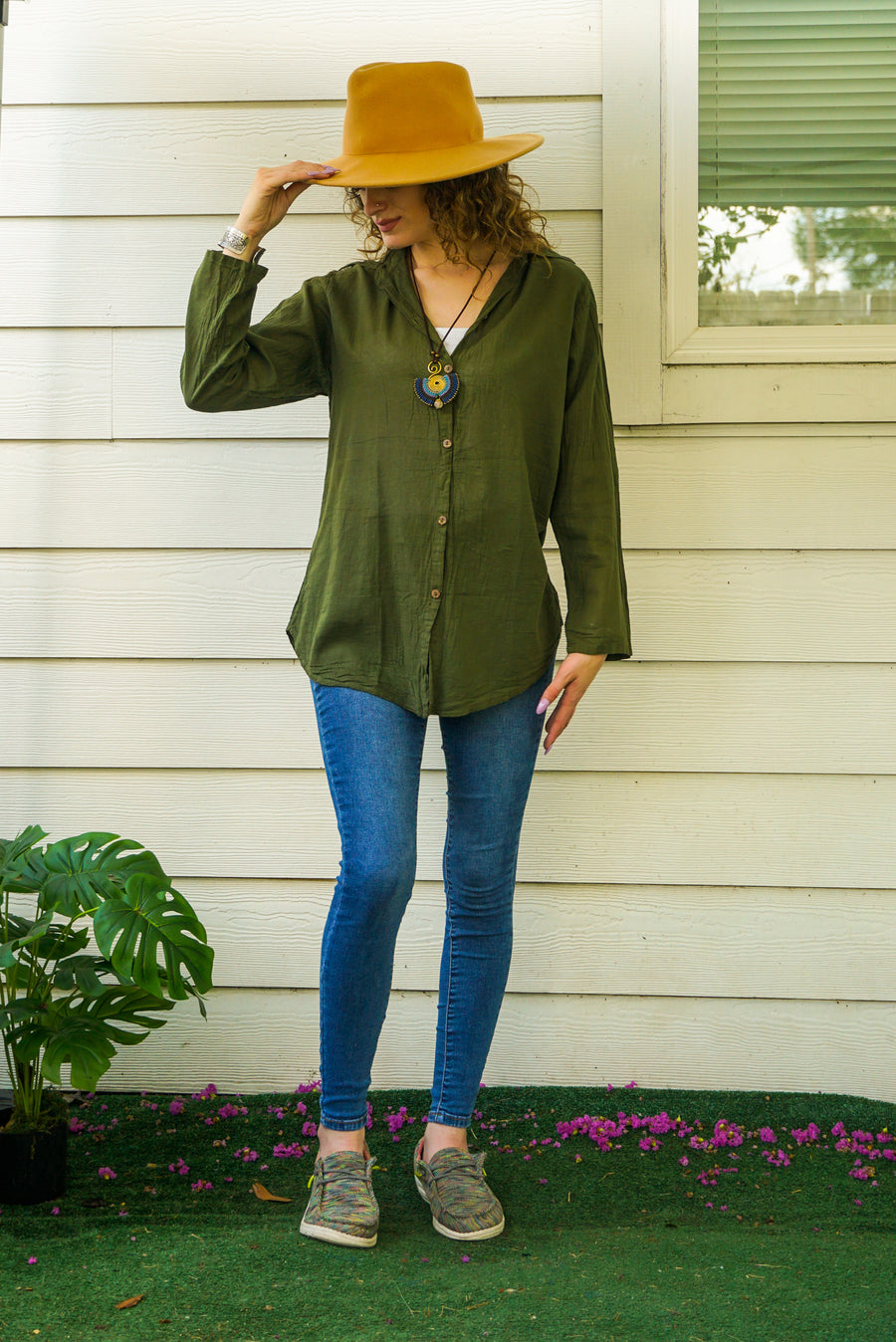 Olive Green Raw Cotton Gauze Collared Long Sleeve Blouse