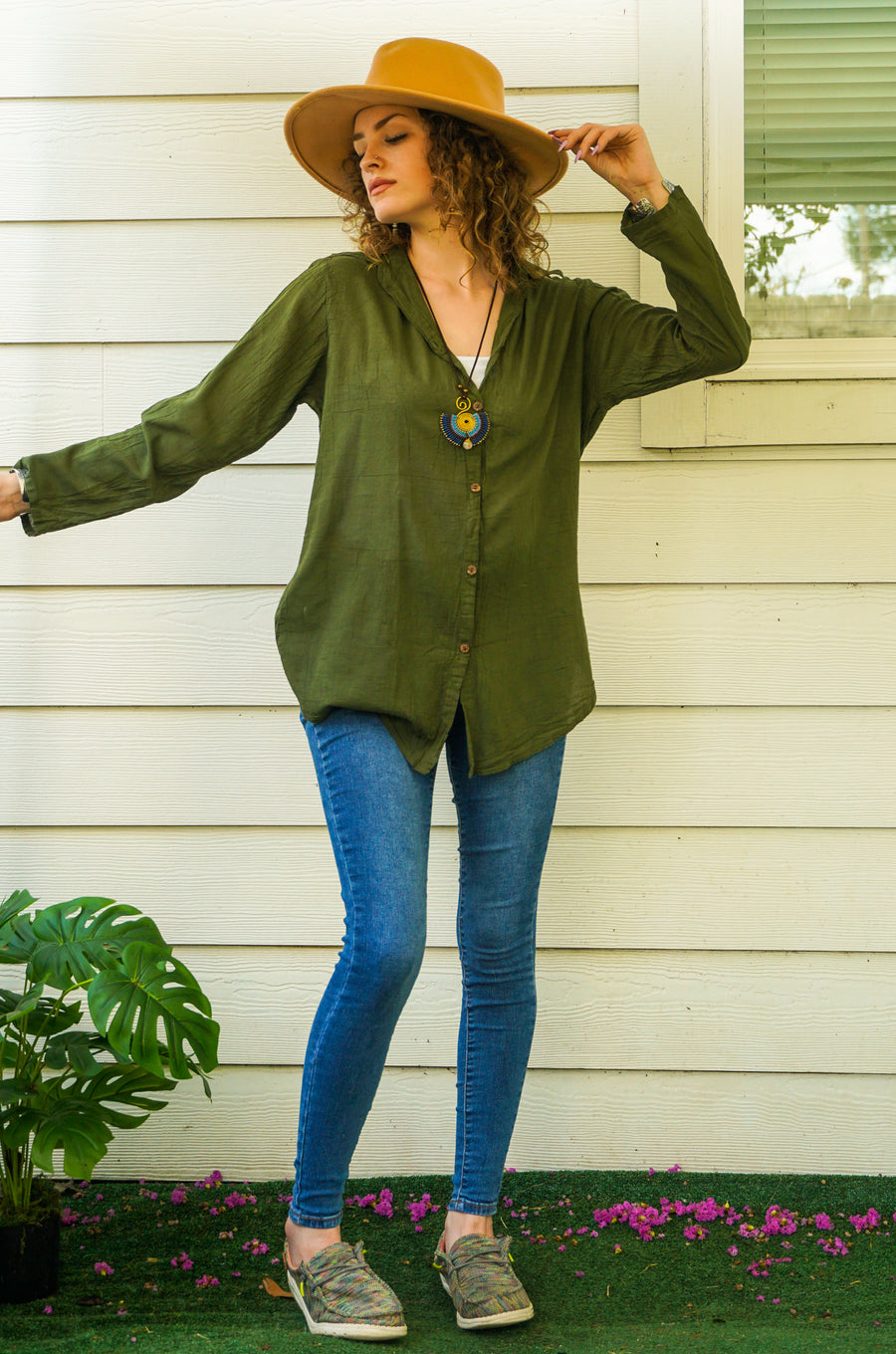 Olive Green Raw Cotton Gauze Collared Long Sleeve Blouse